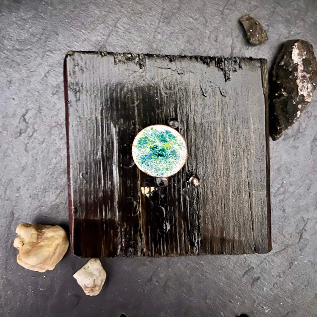 Double-sided original enamel art coin with night sky contra enamel, handmade wabi-sabi pine display stand