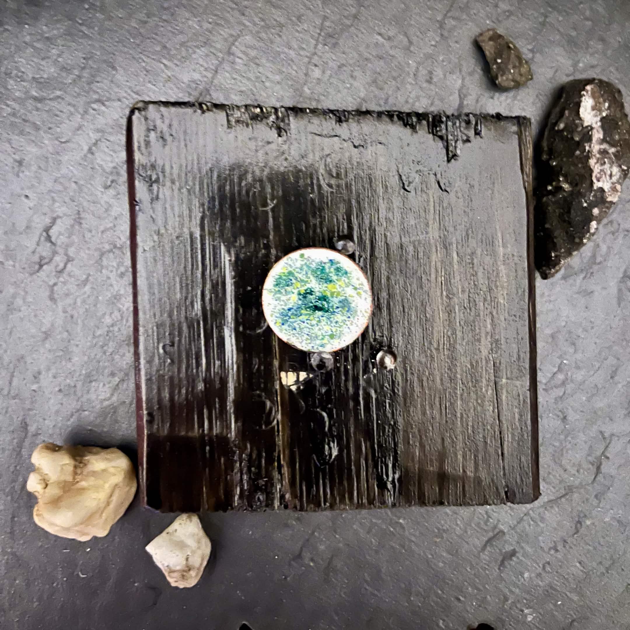 Double-sided original enamel art coin with night sky contra enamel, handmade wabi-sabi pine display stand