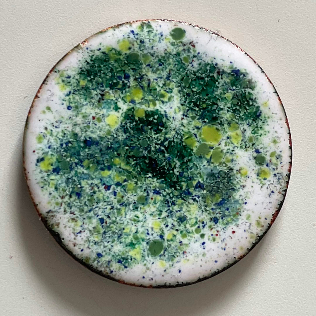 Double-sided original enamel art coin with night sky contra enamel, handmade wabi-sabi pine display stand