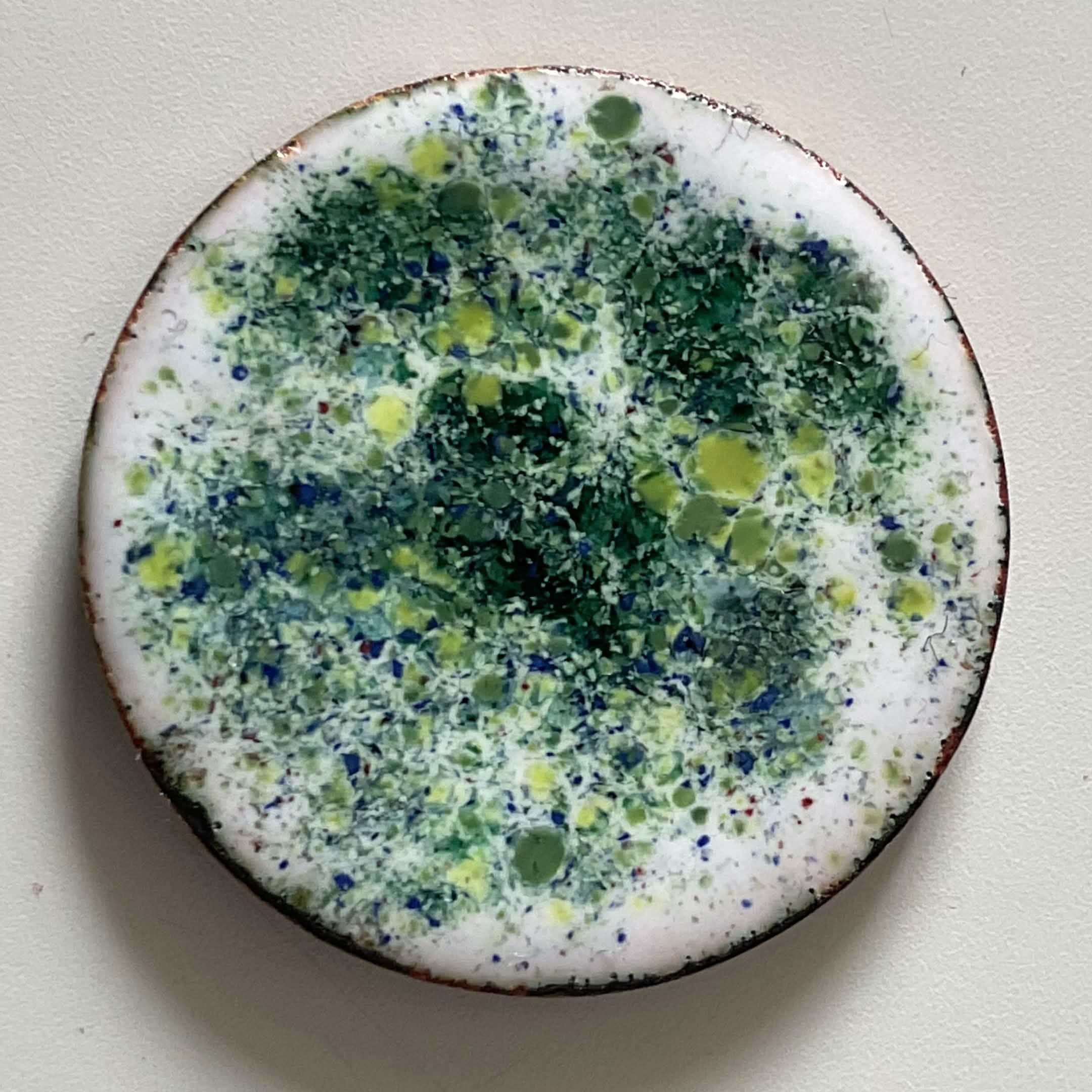 Double-sided original enamel art coin with night sky contra enamel, handmade wabi-sabi pine display stand