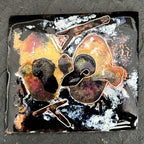 Baby Pigeons — vitreous enamel on copper miniature, 40 × 36 mm, fine silver cloisonné, kiln-fired. Warm amber, red and dark tones depicting two baby pigeons in a nest.  House Zoo series by A. Fraction, Vilnius.