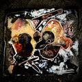 Baby Pigeons — vitreous enamel on copper miniature, 40 × 36 mm, fine silver cloisonné, kiln-fired. Warm amber, red and dark tones depicting two baby pigeons in a nest.  House Zoo series by A. Fraction, Vilnius.