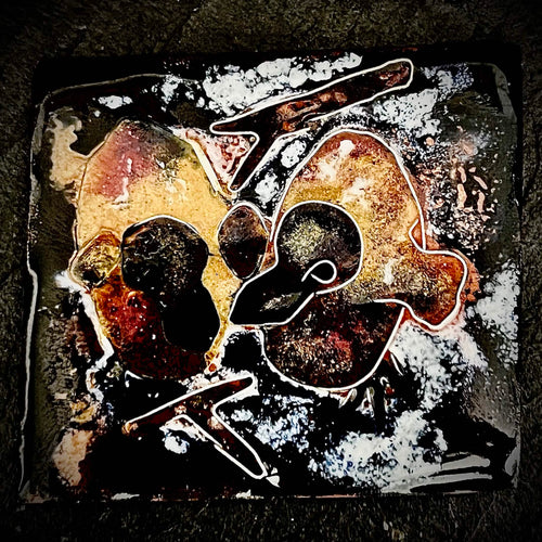Baby Pigeons — vitreous enamel on copper miniature, 40 × 36 mm, fine silver cloisonné, kiln-fired. Warm amber, red and dark tones depicting two baby pigeons in a nest.  House Zoo series by A. Fraction, Vilnius.