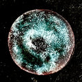 Magnetic Storm – original wet-packed vitreous enamel miniature on a round copper disc, front view on dark slate. Turquoise and white enamel with a stormy speckled texture and warm copper-red rim. Original one-of-a-kind piece by A. Fraction.