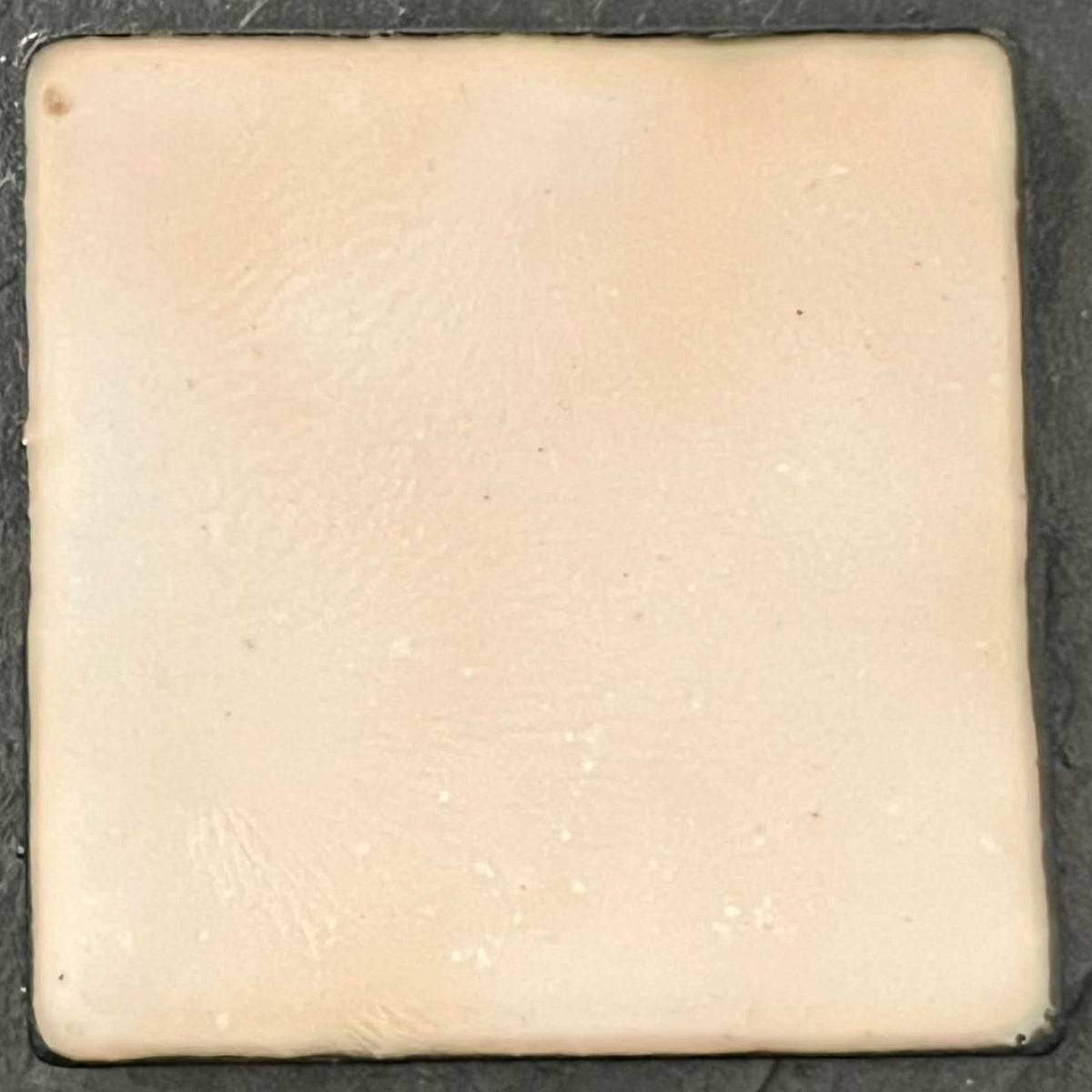 Whale Skin – reverse side of the original enamel miniature on copper, showing the smooth pale enamel-coated back on dark slate. Handcrafted enamel art by A. Fraction.