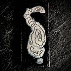 Front face — Micro Cat, vitreous enamel on copper, white cat form floating in black void, wet packing and pencil drawing, 40×16mm, House Zoo series by A. Fraction