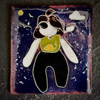 The Wild Within, House Zoo — The Wild We Live With. Original cloisonné enamel on copper, close-up flat lay. A self-portrait figure floats against a deep navy sky with outstretched arms, a yellow moon, white cloud, and bird silhouette. 35 × 38 mm, A. Fraction.