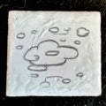 Close-up of Cloud — pencil-drawn cloud creature with a big nose on white vitreous enamel on copper, bumpy fired texture visible, by A. Fraction