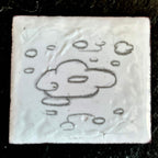 Close-up of Cloud — pencil-drawn cloud creature with a big nose on white vitreous enamel on copper, bumpy fired texture visible, by A. Fraction