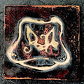 Cow's Hairy Nose - champlevé enamel on copper, cream-coloured recessed lines forming a surrealist cow nose with curling hairs on a deep dark fired oxidised copper, by A. Fraction