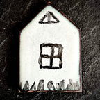 Little House — vitreous enamel on copper miniature, house-shaped, with painted window and grass detail, pale blue-white surface with copper border, 23 × 35 mm, by A. Fraction