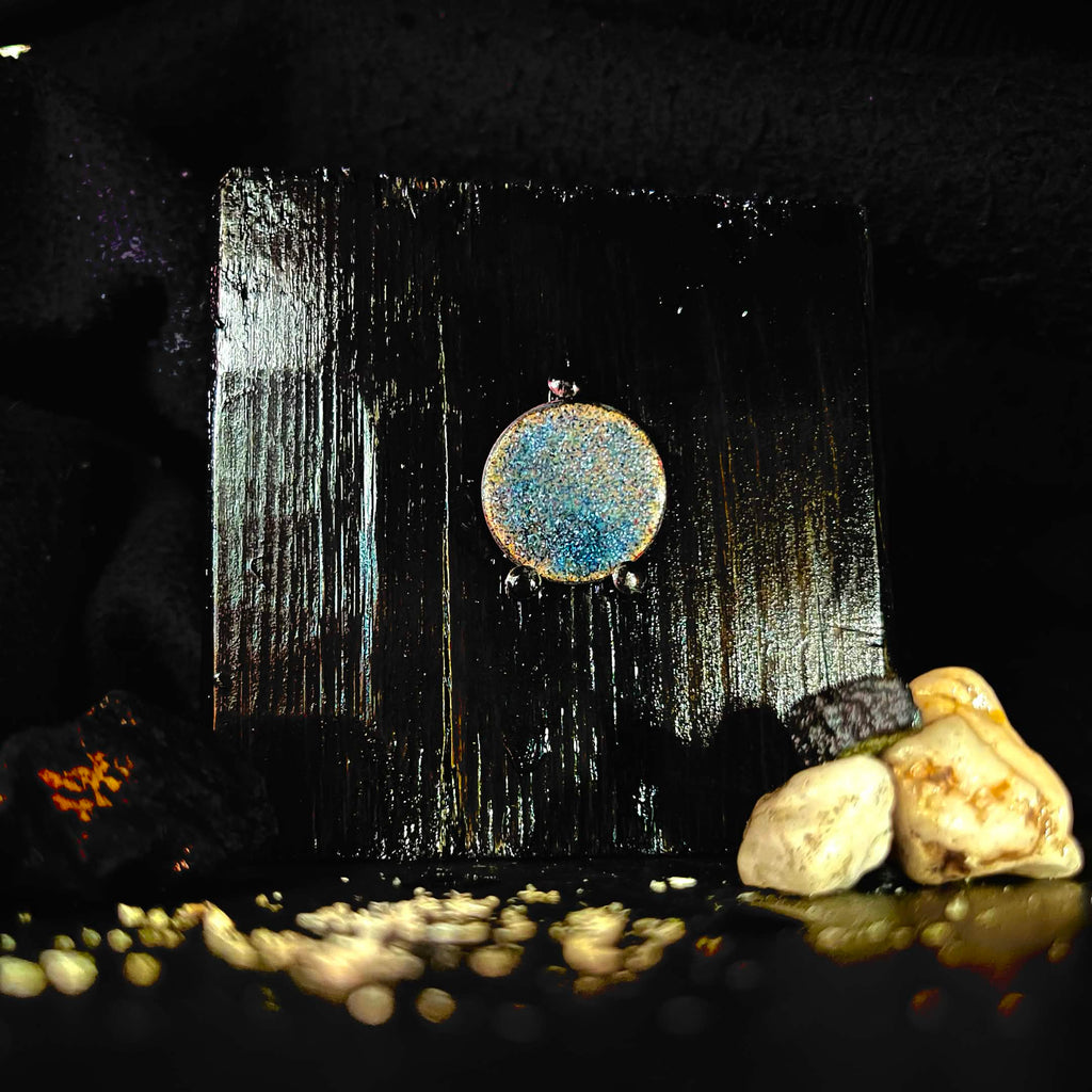 Double-sided original enamel art coin with night sky contra enamel, handmade wabi-sabi pine display stand