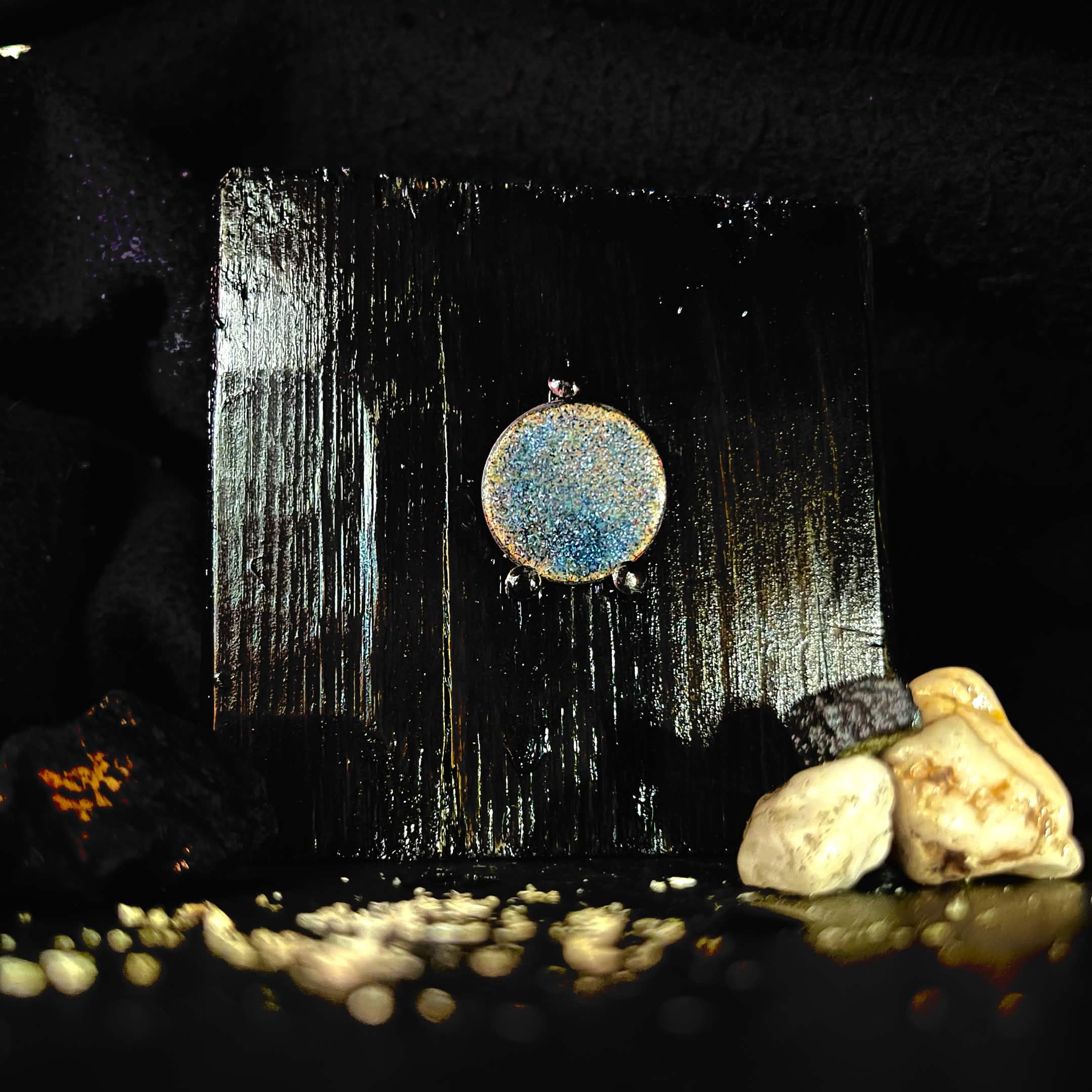 Double-sided original enamel art coin with night sky contra enamel, handmade wabi-sabi pine display stand