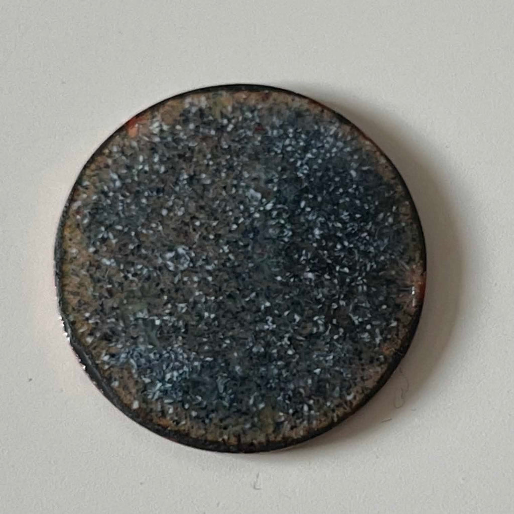 Double-sided original enamel art coin with night sky contra enamel, handmade wabi-sabi pine display stand