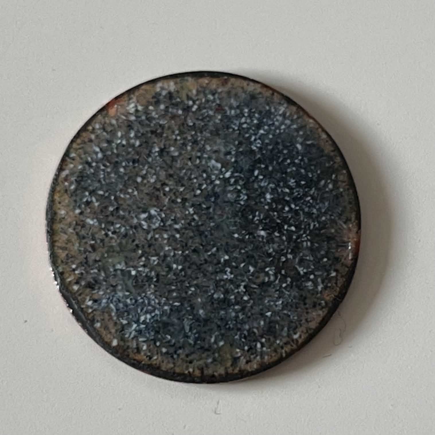 Double-sided original enamel art coin with night sky contra enamel, handmade wabi-sabi pine display stand