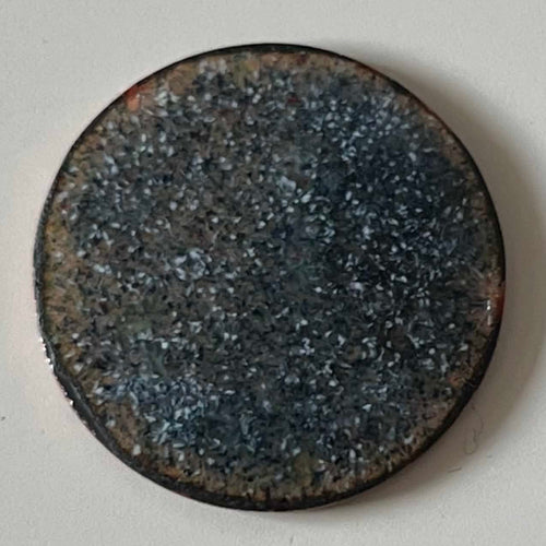 Double-sided original enamel art coin with night sky contra enamel, handmade wabi-sabi pine display stand